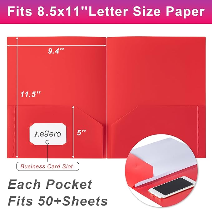Plastic Folders with Pockets (12 Pack, Assorted Colors), Durable Heavy Duty File Folders with Business Card Slot, 2-Pocket Folder for Schoolwork & Office,Letter Size…