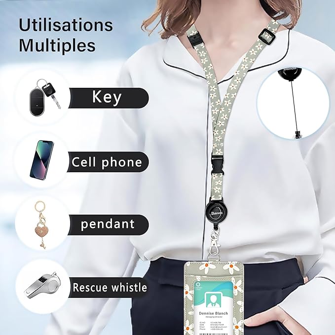bolimoss Cute Flowers Lanyard for ID Badge Card, Breakaway Neck Lanyards with Retractable Badge Reels Quick-Release Buckles and Adjustable Straps with Leather Card Badge Holders