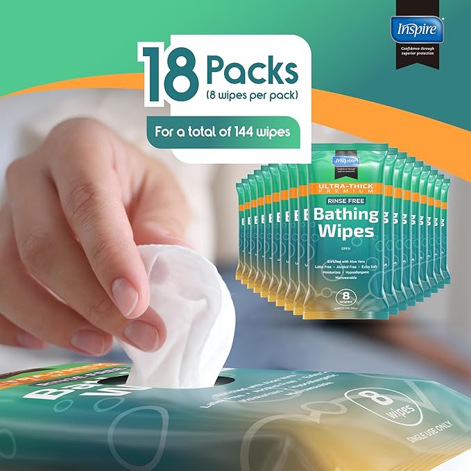 Inspire Ultra Thick Rinse Free Body Wash Wipes, Bathing Wipes, Shower Wipes - Rinse Free Wet Wipes, Thick Strong Extra Large With Aloe Vera Enriched
