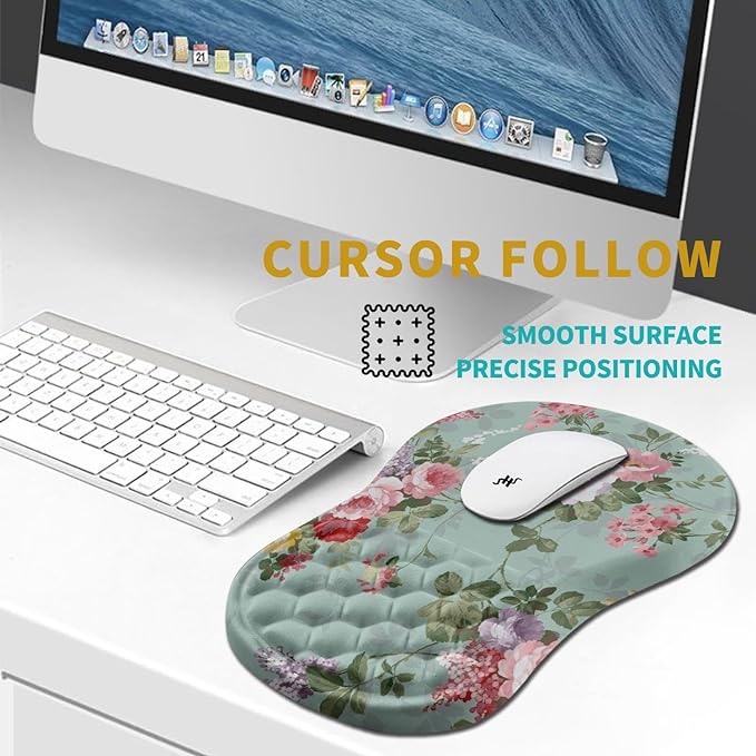 Hokafenle Ergonomic Mouse Pad Wrist Support, Wrist Rest Mousepad for Carpal Tunnel Pain Relief with Integrated Memory Foam Slope Massage Bulge (11.8x7.9 inch,Graceful Peony