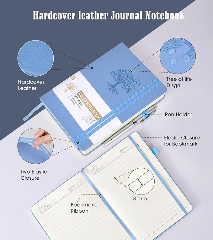 Lined Journal Notebook -365 Pages A5 Thick Journals for Writing College Ruled Notebook, Hardcover Leather Journal for Women Men, Daily Journal Notebook for Work, Note Taking, 100Gsm Lined Paper ( 5.75'' X 8.38'' Blue)