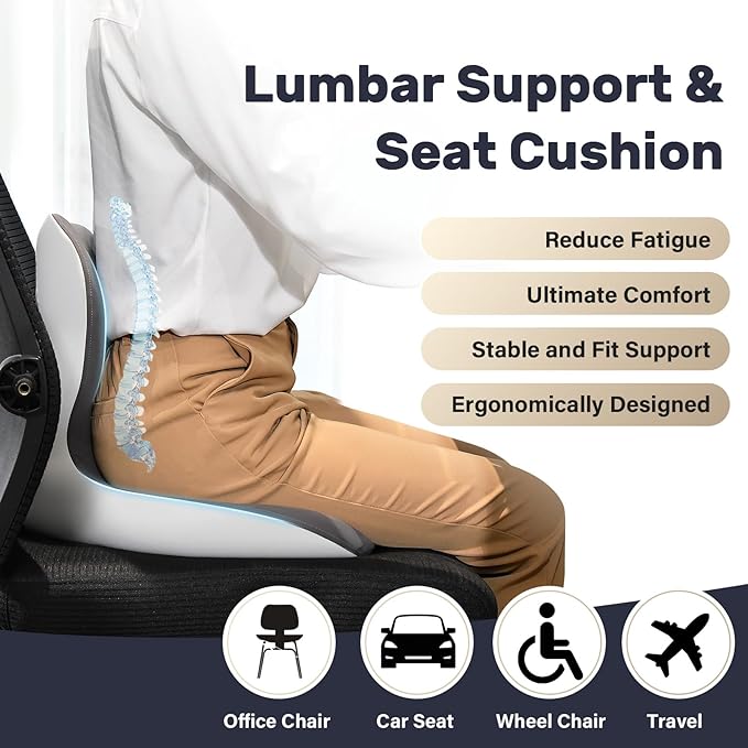 Coverado Seat Cushion and Lumbar Support Pillow One Piece for Car Office Chair, Ergonomic Memory Foam Desk Chair Cushion Back Support Pillow, Sciatica & Back & Tailbone Pain Relief Cushion-Gray