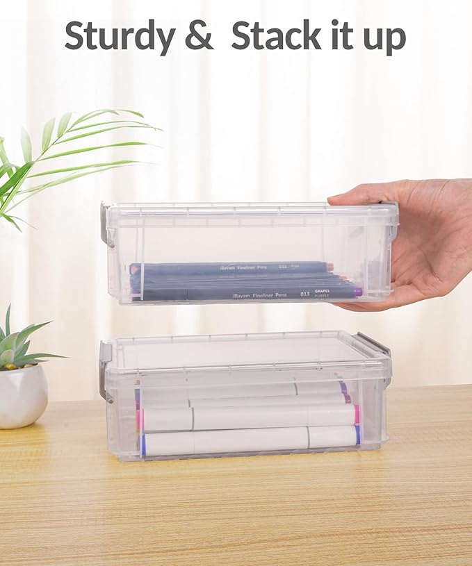 Sooez 6 Pack Extra Large Pencil Box, Plastic Pencil Case Crayon Box Bulk, Clear Marker Organizer Plastic Containers with Lid, Stackable Storage Box for Craft, Pen, Art, School Supply, Purple