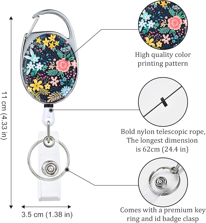 3 Pack Badge Reels Retractable，Double Sided Color Print Pattern Retractable Badge Holders，with Retractable Keychain, Badge Clip and Key Ring，Durable Nylon Retractable Rope