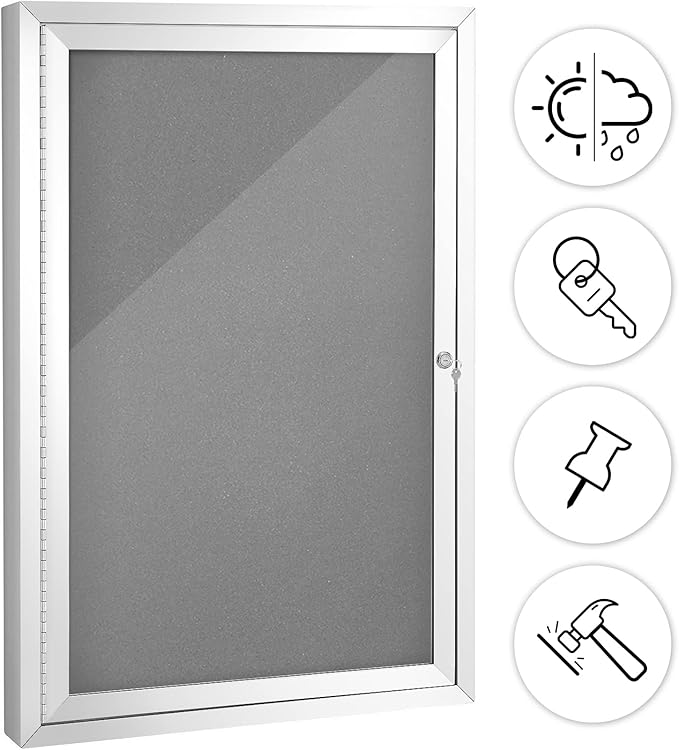 SWANCROWN Outdoor Lockable Gray Fabric Bulletin Board Shatter Resistant Display Cases Wall Mount Message Board with Swing Door,36x24 inches