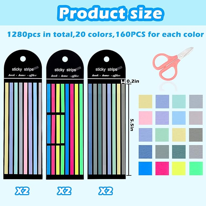 Juome 1280Pcs Highlighter Tape, Transparent Sticky Long Page Markers Tabs, Morandi Clear Highlighter Strips Flags Stickers, Book Tabs for Annotating Books Aesthetic Office School Study Supplies