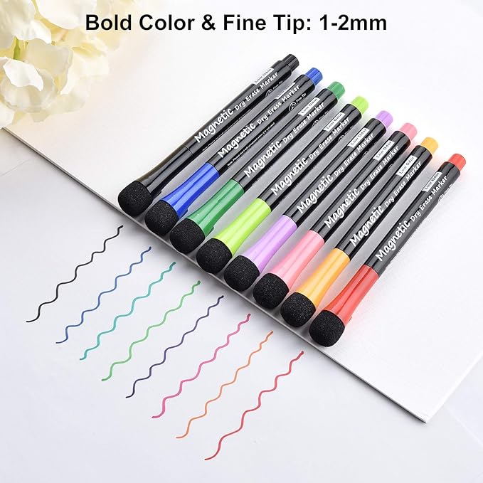 Magnetic Dry Erase Markers, Fine Tip Low Odor Whiteboard Markers for Kids & School, Work On White board & Calendar, Refrigerator (12 Pack)