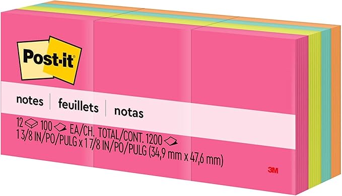 Post-it Mini Notes, 1 3/8 in. x 1 7/8 in., 12 Sticky Notes Pads, 100 Sheets per Pad, Poptimistic Collection, School Supplies and Oﬃce Products, The Original Post-it Note