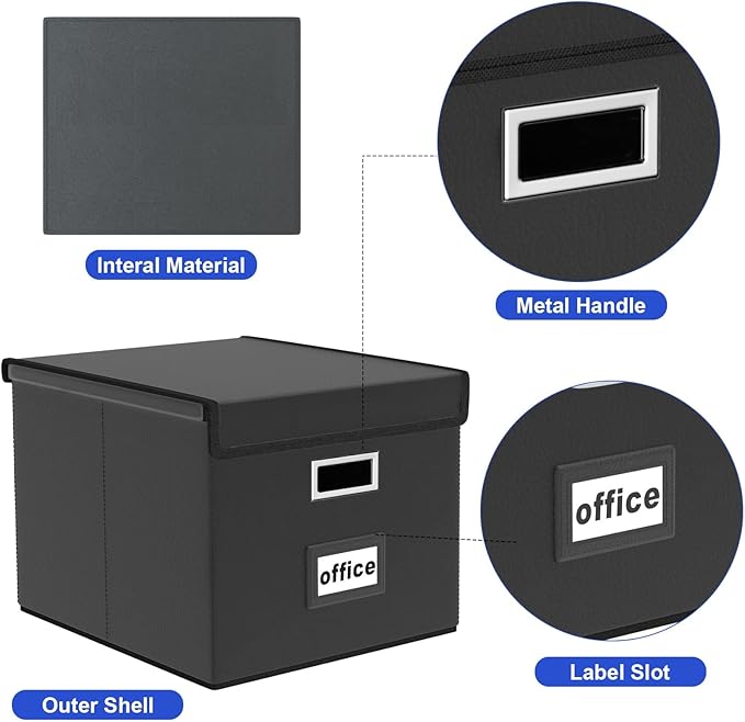 Huolewa File Organizer Boxes with Lids, Collapsible Faux Leather Hanging File Folder Box Organizer with Plastic Slide, Decorative Home/Office Filing System Boxes for File and Folders Storage