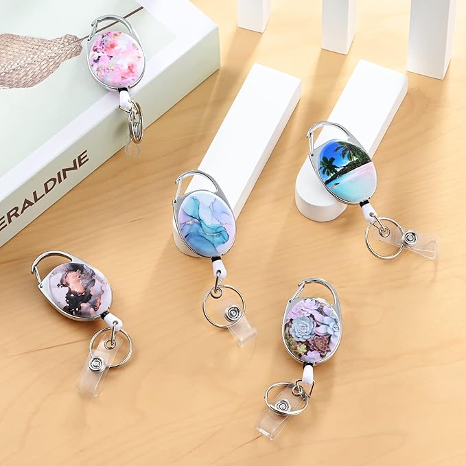 Datura Flowers Badge Reels - Retractable Double Sided Color Print Pattern Holders with Keychain, Clip and Key Ring - Durable Nylon Rope