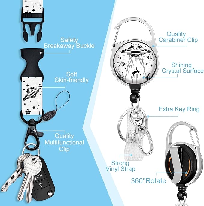 Lanyards for Id Badges, Badge Holder with Retractable Badge Reel Clip, Art UFO Night Work Card Name Tag Keychain Lanyard Vertical ID Card Protector for Women Nurse Doctor Teacher Student