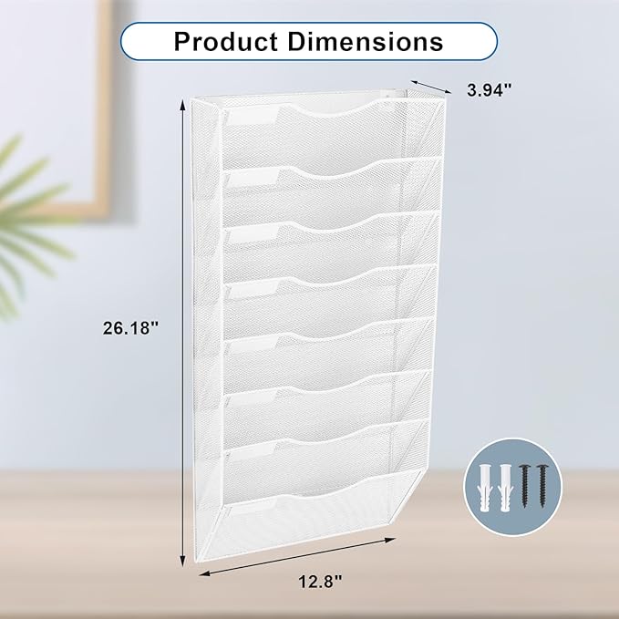 EASEPRES 8 Pocket Mesh Hanging Wall File Organizer, Wall Mounted Mail Paper Document Folder Holder, Clipboard Storage Organization Magazine Rack with Nametag Label for Office Home School, White