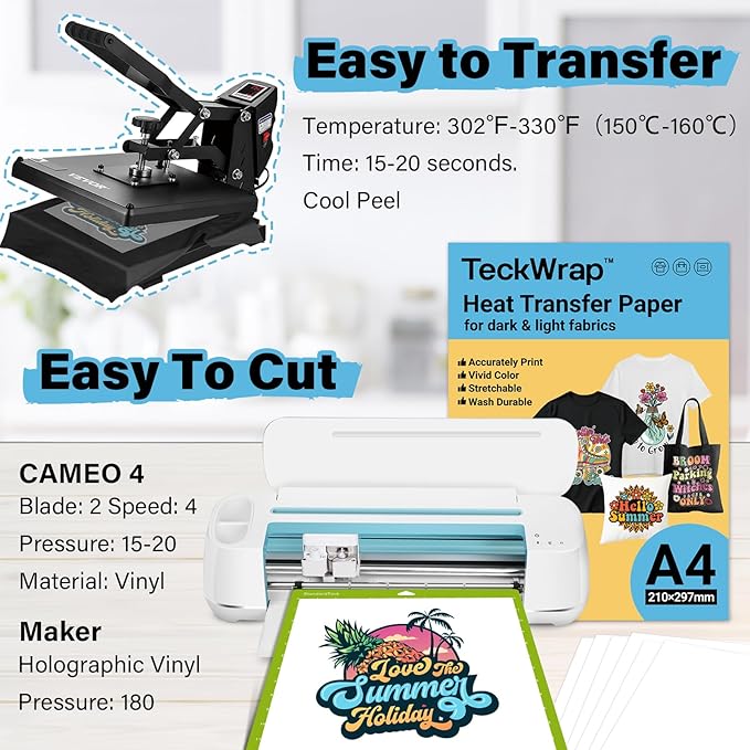 TECKWRAP Printable Heat Transfer Paper for T-Shirts 15 Sheets, 8.3" X 11.7" Printable Heat Transfer Vinyl for Inkjet Printer, Iron on Transfer Paper for Light and Dark Fabric (Matte White)