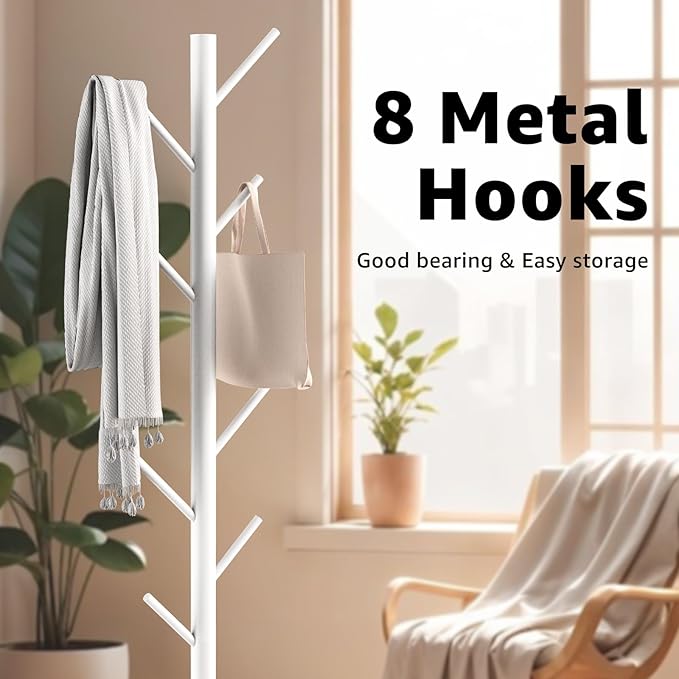 Coat Rack with Natural Marble Base, Metal Freestanding Coat Rack with 8 Hooks, 3 Adjustable Size Sturdy Coat Tree for Bags, Coats, and Hats for Entryway, Hallway, Bedroom, Office, White