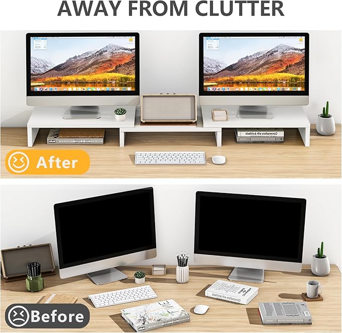 TAVR Furniture Dual Monitor Stand Riser, Computer Monitor Stands for 2 Monitors, Extra Long Multifunctional Desktop Organizer Riser for Computer, Laptop, PC, Printer, TV, Max 43.3" Length, White