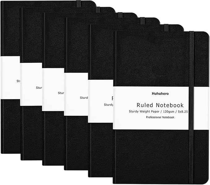 Huhuhero Notebooks Journal, Ruled Notebook, Premium Thick Paper Lined Journal, Black Hardcover Notebook for Office Home School Business Writing Note Taking Journaling, 5"×8.25" (6, Black)