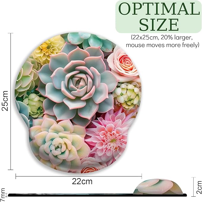 Succulents Ergonomic Mouse Pad with Wrist Rest, Gaming Mouse Pad with Wrist Support, Funny Computer Mousepad with Non-Slip Pain Relief PU Base, Cute Office Desk Accessories Decor Supplies