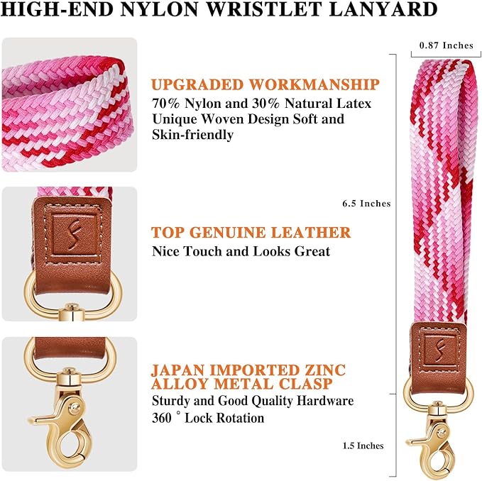 Fishent Stretchy Wristlet Keychain,Braided Cute Wrist Lanyards for Keys, Key Chain Holder for Women Men, Wrist Strap Keychain for Car Keys Phone Camera Wallet ID Badges Card (Strawberry Red)