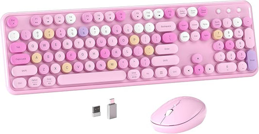 Colorful Wireless Computer Keyboard and Mouse Combo with Round Typewriter Keycaps, Retro Design, Power Switch, Ergonomic Design, 2.4GHz Wireless for Windows, Mac, PC(Pink-Colorful)