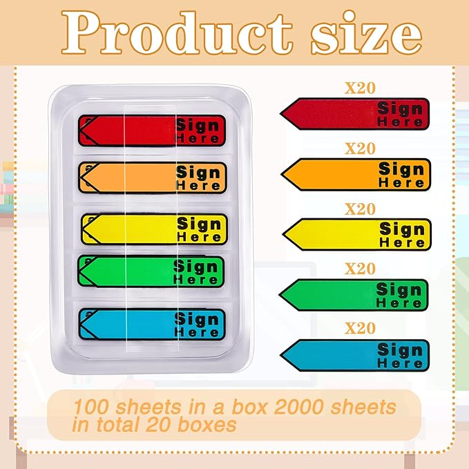 Teling 2000 Pcs/ 20 Packs Sign Here Sign Date Tabs Stickers Colored with Dispenser Arrow Flag Tabs with Dispenser Easy to Post for Notary Books Paper(Cute Style)