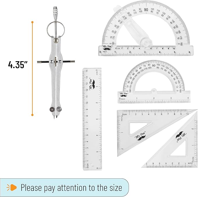 Mr. Pen Geometry Set with 6 Inch Swing Arm Protractor, Divider, Set Squares, Ruler, Compasses and Protractor, 15 Piece Set, Back to School Supplies