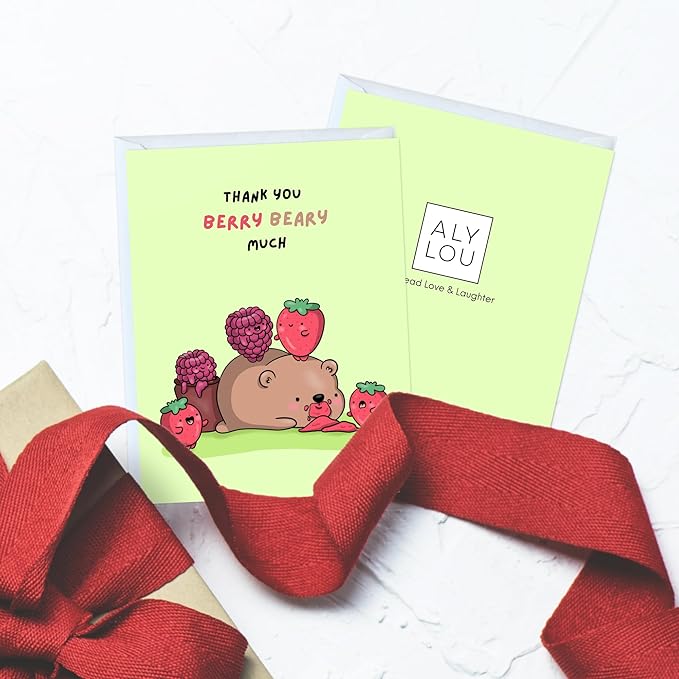 ALY LOU Cute Thank You Card, Thank U Greeting Note Card for Business, Teacher, Wedding, Birthday, Baby Shower, Blank Inside (Thank you Berry Beary Much)