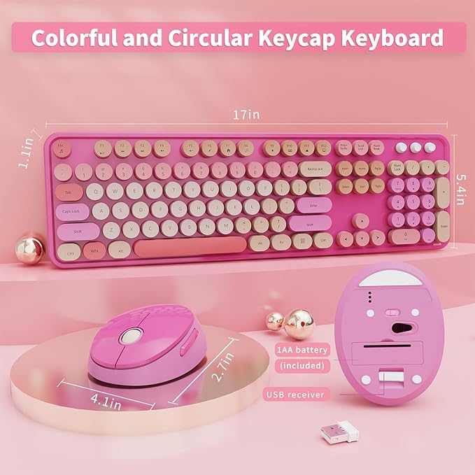 Wireless Keyboard and Mouse Combo, Ergonomic Full Size Typewriter Retro Round Keycaps Keyboard, Compatible with Windows, PC, Perfer for Home and Office Keyboards （Red）