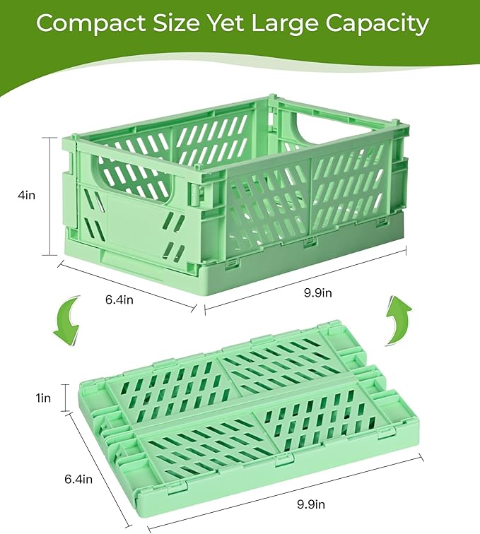 4-Pack Small Pastel Plastic Storage Baskets, Collapsible Crates for Organizing, Space-Saving Mini Bins for Classroom, Kitchen, Office, Bedroom (Green, 9.8" x 6.5" x 3.8")