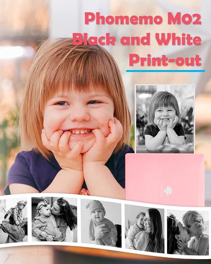 Phomemo Mini Sticker Printer- Mini Printer Sticker Maker Machine M02, Print Pods Suitable for Creative DIY, Diaries, Photos, Study Notes, Portable Thermal Inkless Label Maker for Home/Travel, Pink