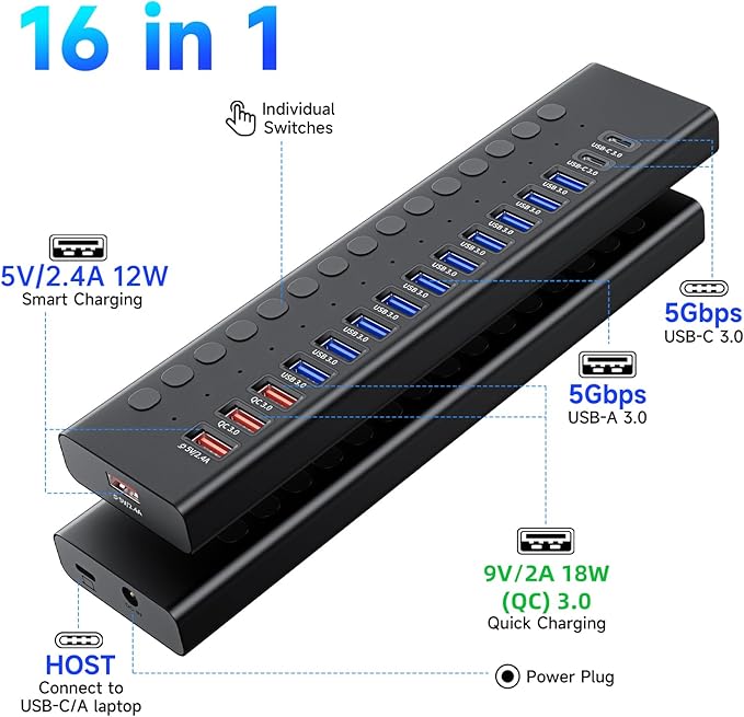 Powered USB 3.0 Hub, 16-Port USB C Hub Splitter (10 USB 3.0+2 QC 3.0+2 Smart Charging+2 USB-C 3.0) with Individual Switches, 12V 7.5A 90W UL Certified Power Adapter for Laptop, Mac, PC, Computer