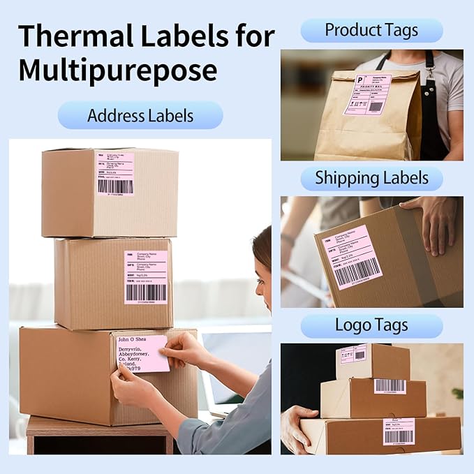 Phomemo 4X6'' Thermal Shipping Labels - Pack of 100 4x6 Fan-Fold Labels for Shipping Labels, Address, Mail, Product Logo Labels, Commercial Grade, Pink