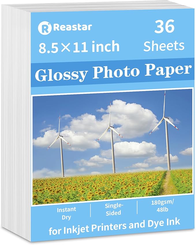 Glossy Photo Paper 8.5 x 11, 36 Sheets Inkjet Photo Printer Paper, Instant Dry Picture Paper for DIY Chip Bag, Flyers, Cards, Calendars and Brochures(180gsm/48lb)