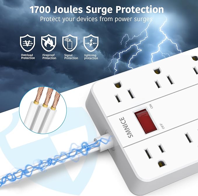 Power Strip with USB,Surge Protector Flat Plug with 8 Widely Spaced Outlets and 6 USB Ports(1 USB C), 5ft Extension Cord Wall Mountable Phone Tablet Laptop Computer Multiple Devices