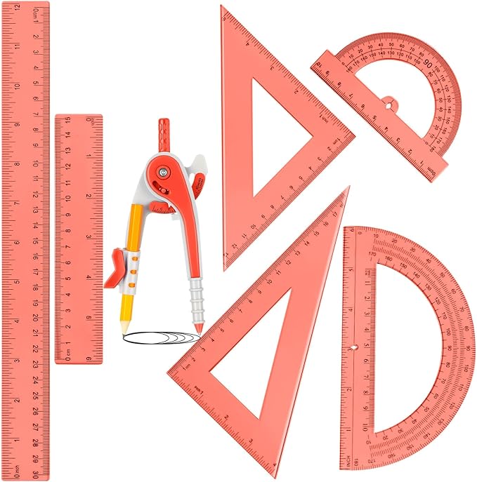Zonon 1 Set Plastic Geometry Math Set 7 Pcs Includes 6'' / 4 '' Protractor, Drawing Compass, 45/60 Degree Triangle Rulers, 12'' / 6'' Math Ruler Transparent for Office Supplies(Orange)