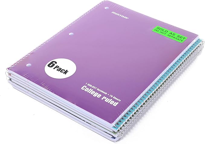 Mintra Office Spiral Notebooks - 1 Subject, 70 Sheets, College Ruled, 8in x 10in, Bulk Pack, PRIMARY Color Covers, Set of 6 - for School, Office, Business, Professional (4657)