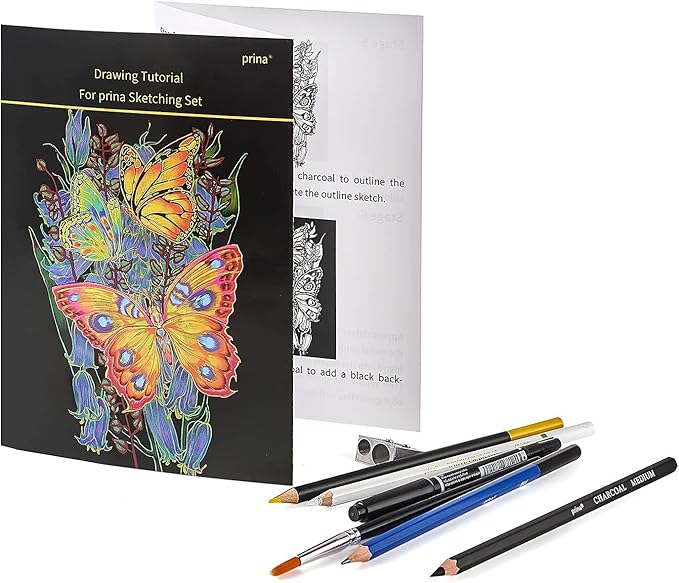 Prina 76 Pack Drawing Set Sketching Kit, Pro Art Supplies with 3-Color Sketchbook, Include Tutorial, Colored, Graphite, Charcoal, Watercolor & Metallic Pencil, for Artists Adults Teens Beginner