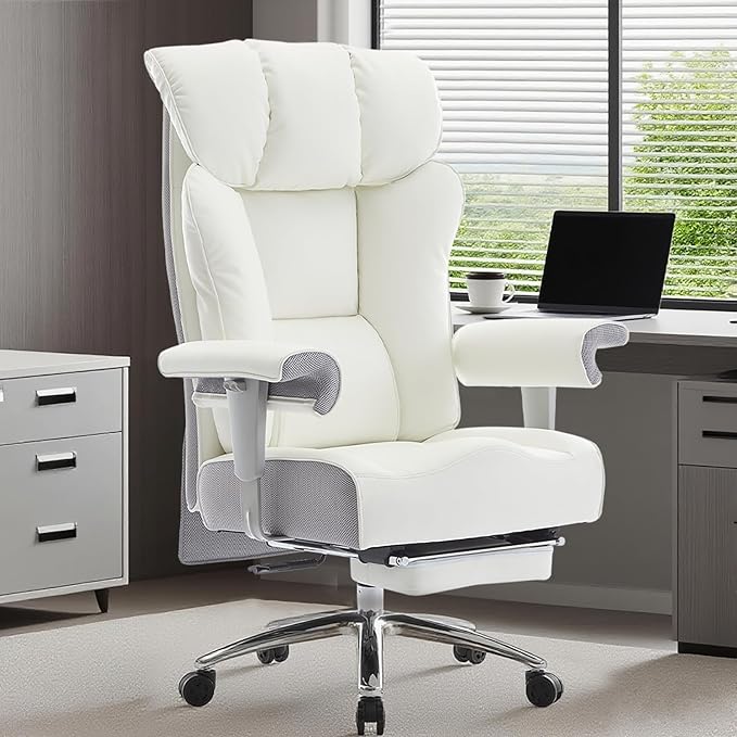 Efomao Big and Tall Office Chair 450LBS with Foot Rest, High Back PU Leather Executive Office Chair with Adjustable Padded Armrests, Lumbar Support for Home or Work, Heavy Duty Computer Chair, White