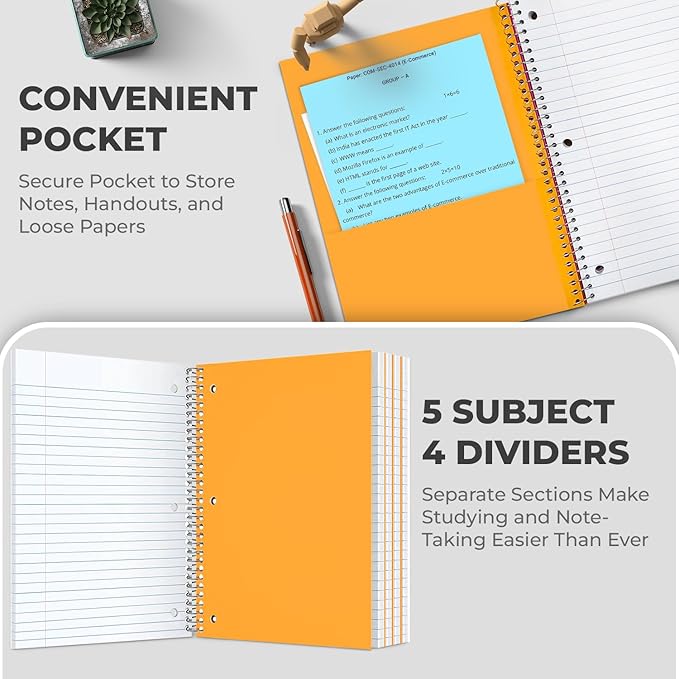 Spiral Notebook 12 Pack, 5 Subject, 300 Pages/Book (150 Sheets), College Ruled, 8 x 10-1/2, School & Office Bulk Spiral Notebooks, Spiral Journal for College, Soft Cover, Assorted Colors