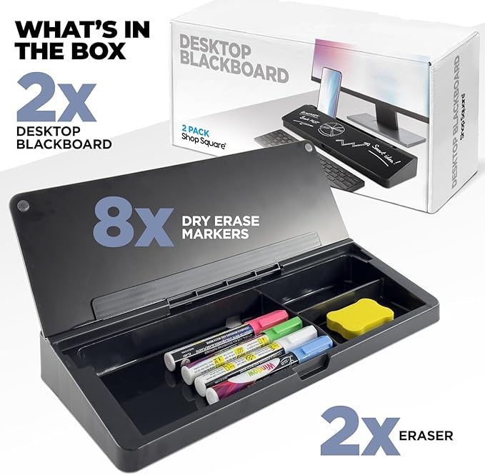 Desktop Whiteboard - Glass Dry Erase White Board - Desk Computer Buddy – Home Office & Studying Essentials - with Phone & Tablet Slot, Storage - Includes 4 Markers, 1 Eraser, Black (2 Pack)
