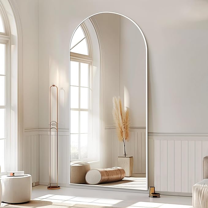 MELOMOIR 71"x32" Arched Large Mirror Full Length, Free Standing Leaning or Hanging, Thin Aluminum Frame, Tempered Glass, Suitable for Living Room Bedroom Cloakroom Hallway Home Gym, White