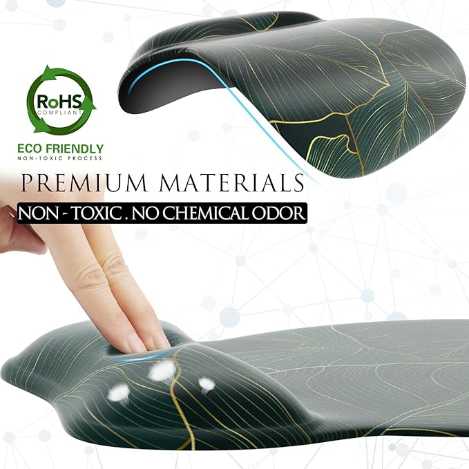 MROCO Ergonomic Mouse Pad with Gel Wrist Rest, Comfortable Mousepad with Smooth Wrist Support Surface and Non-Slip PU Base for Pain Relief, Computer, Laptop, Office & Home, 9.4 x 8.1 in, Green Leaves