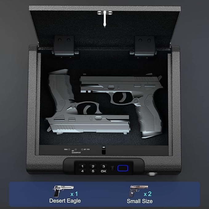 Gun Safe,Biometric Gun Safe for Pistols 3-Ways unlock Fingerprint Digital PIN Key Unlock with Voice, Lock box for Cloakroom living room Bedroom Nightstand and Car BILLCONCH