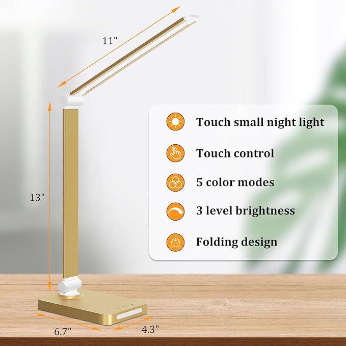 LED Desk Lamp with USB Ports,Touch Desk Lamps for Home Office with 5 Color Modes,3 Brightness Desk Light with Small Night Light,Reading Lamp Table Lamp for Bedroom Bedside Study Gold （with adapter）