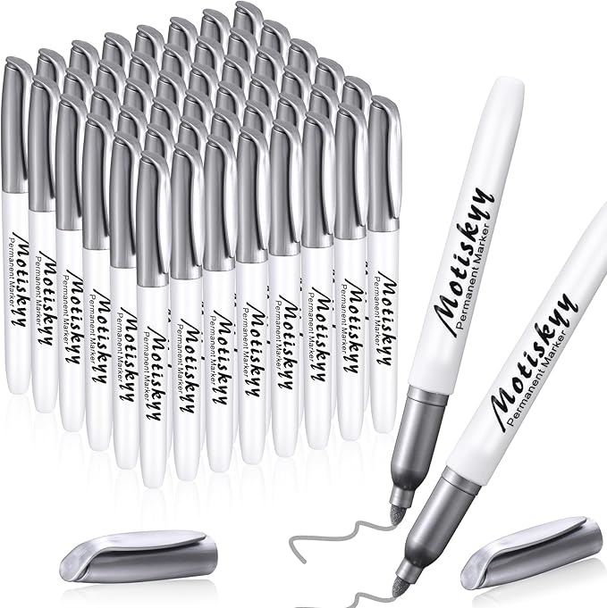 48 Pcs Metallic Permanent Markers Bulk Metallic Marker Pens Medium Tip Quick Dry Paint Pen for Classroom DIY Crafts Artist Illustration Gift Card Making(Silver)