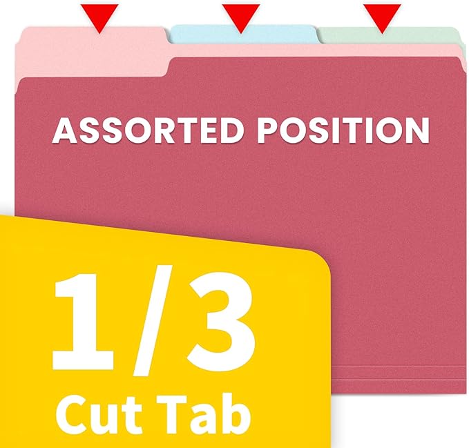 SUNEE File Folders Letter Size Retro Colors, 100 Pack Folders for Documents 1/3-Cut Tabs, Colored File Folders Office Home School for Documents Files Paper