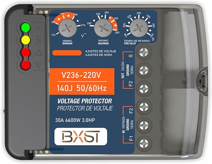 BXST Wiring Surge Protector with Adjustable Over/Under Voltage Protection Power Suppressor Protector, 220V, 30A, Up to 6600W Heavy Duty Power Surge Protection for Refrigerators, Air Conditioning, TV