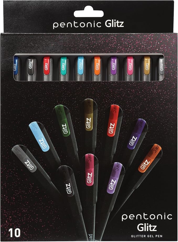 Pentonic Glitter Gel Pens, 10 Count, 10 Assorted Colors, 1.0 mm Bold Point, Smooth Writing For Journaling, Notetaking & Art Projects (1002365)