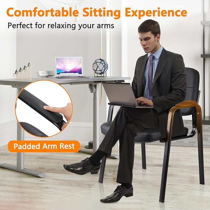 CLATINA Waiting Room Guest Chair with Bonded Leather Padded Arm Rest for Office Reception and Conference Desk Black 2 Pack