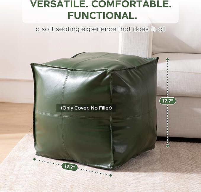 Unstuffed Pouf Cover, 17.7" Faux Leather Poofy Ottoman Cover, Square Footstool For Storage Living Room Decoration Foot Rest, Footrest for Bedroom Balcony Office Chair, (Only Cover, No Filler), Green