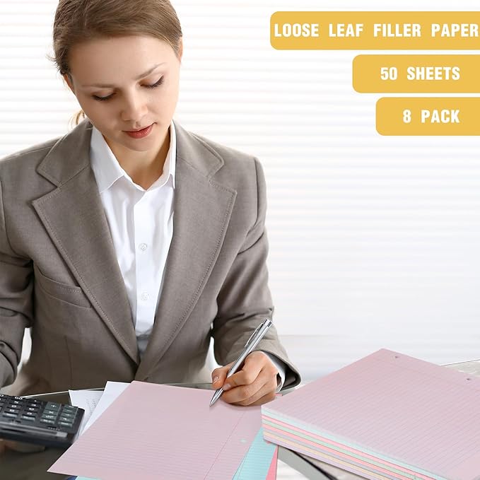 PerKoop 400 Sheets Colored Loose Leaf Paper 8.5" x 11" college ruled Lined 3 Hole Punched notebook Filler Paper for 3 Ring Binders Office School Supplies (Candy Colors)